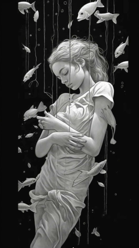 Dreamlike Monochrome Underwater Wallpaper: Tranquil Embrace & Fish