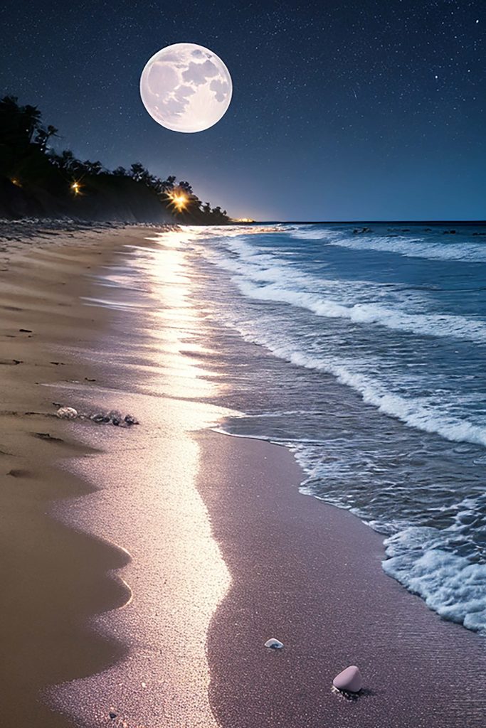 Full moon glowing on wet sand beach with gentle waves and smooth stones serene nightscape wallpaper