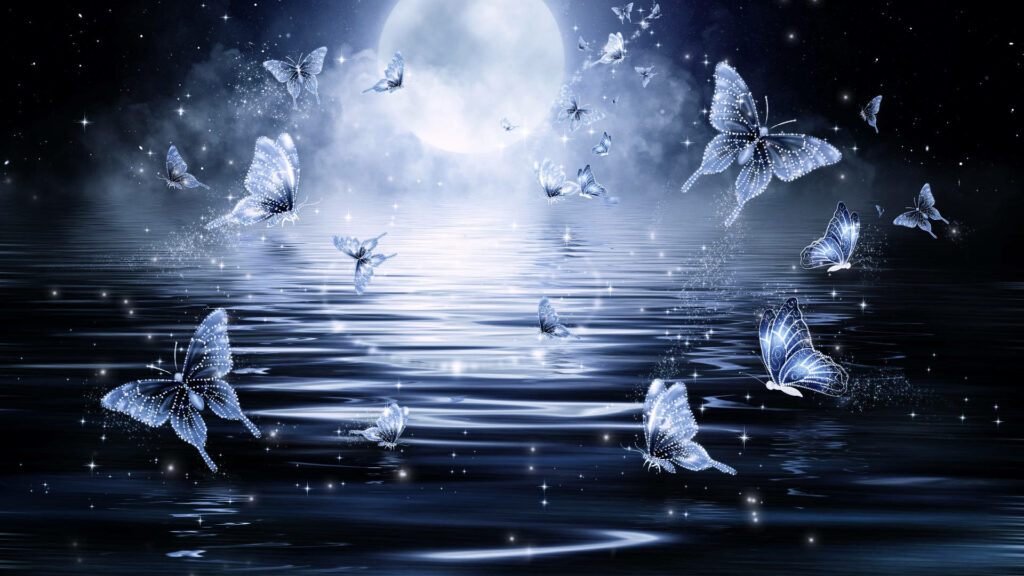 Tranquil Butterfly Wallpaper: Moonlit Reflections on Water
