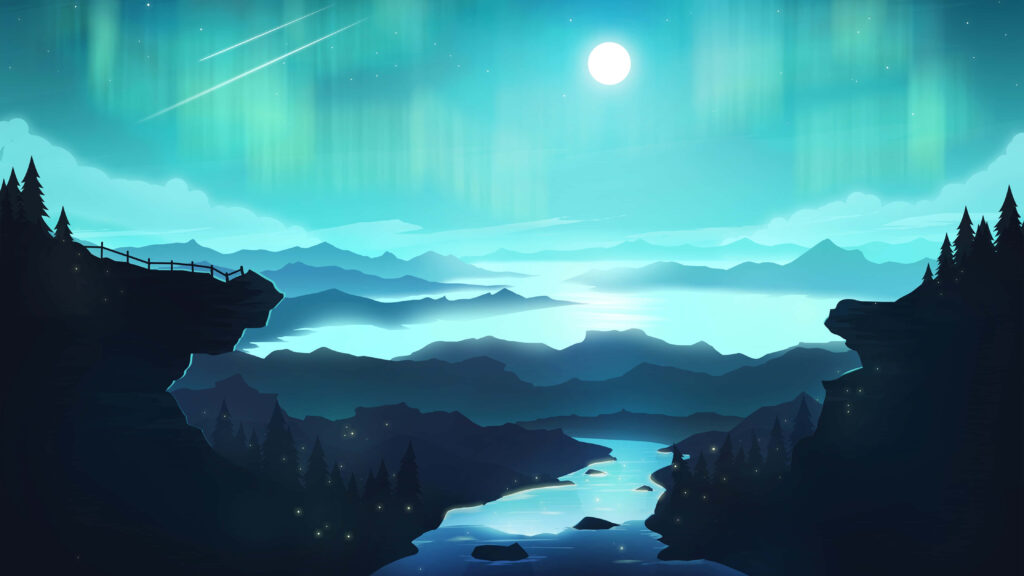Moonlit River Landscape with Aurora & Silhouetted Trees - Wallpaper