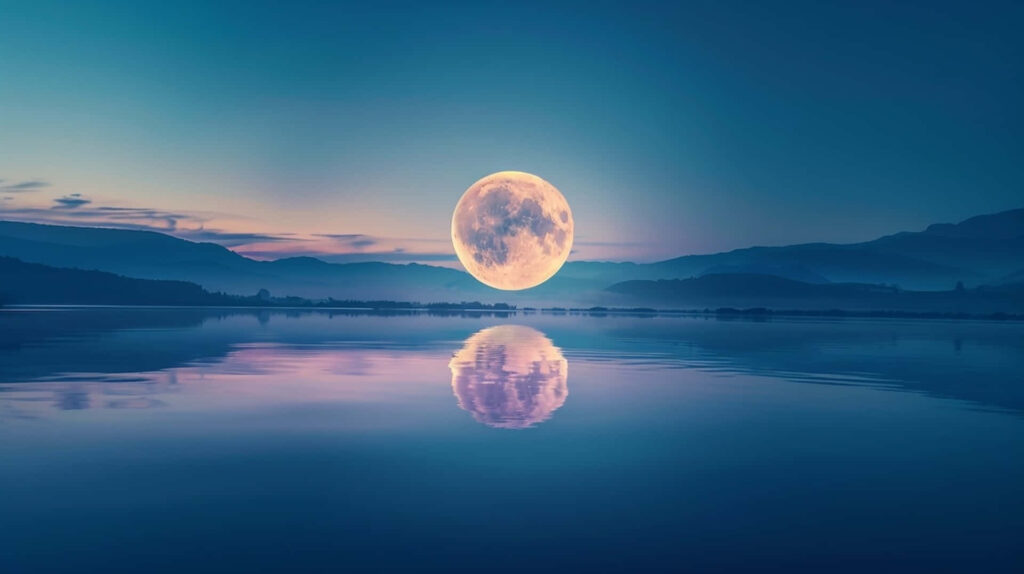 Serene Full Moon Wallpaper: Calm Waters & Twilight Landscape
