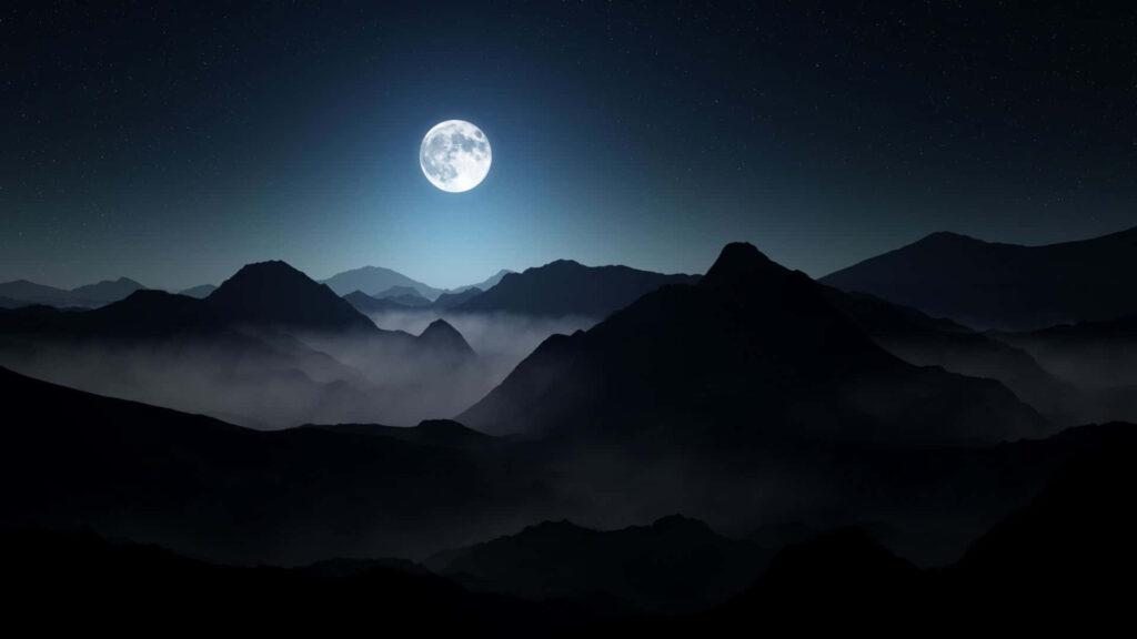 Tranquil Moonlit Mountain Wallpaper: Serene Starry Night Design