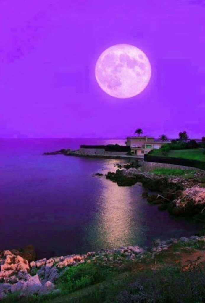 Luminous Full Moon Wallpaper: Serene Beach Reflection in Purple Sky