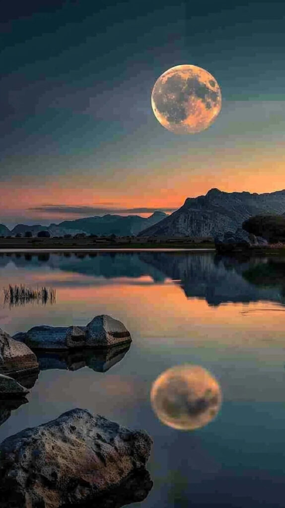 Tranquil Moonrise Wallpaper: Serene Lake with Distant Mountains
