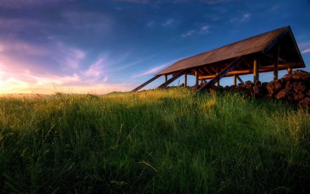 Serene morning field with vibrant green grass rustic wooden structure under pastel blue sky Wallpaper