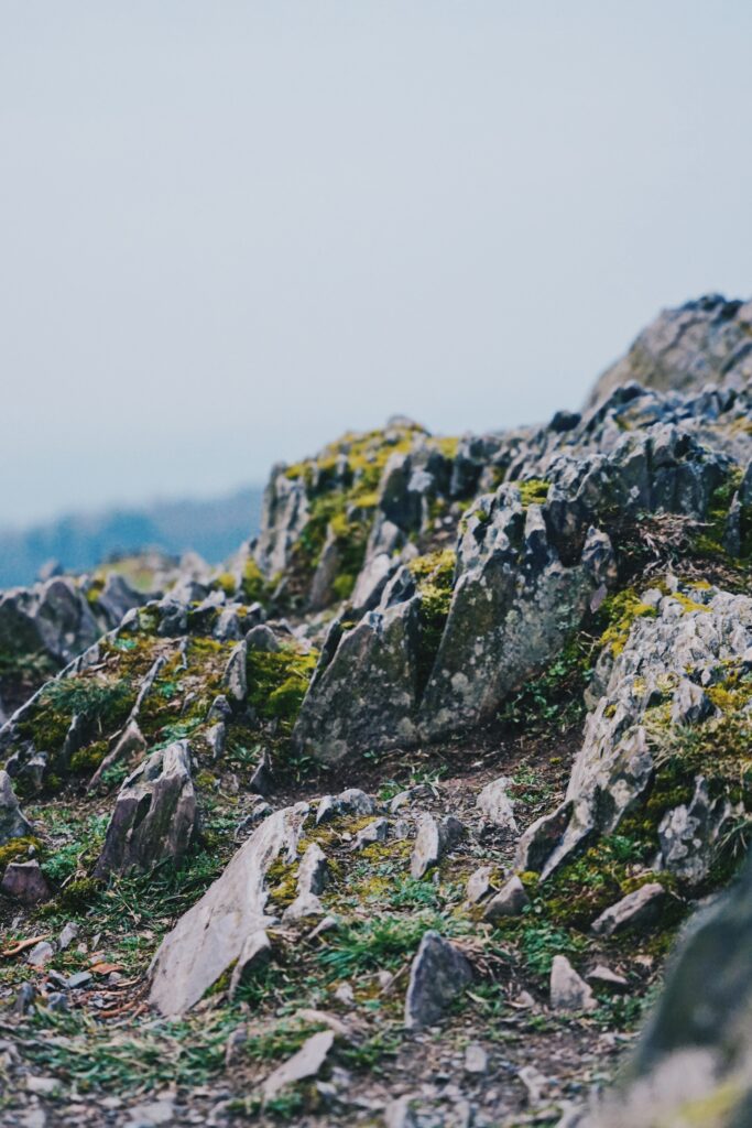 Rugged moss-covered rocks on stony mountain cliff natural textured earthy landscape wallpaper