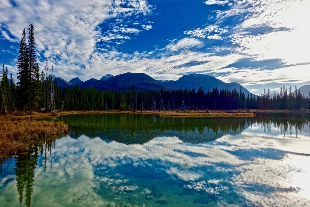 Serene lake reflecting majestic mountains forest and dramatic clouds vivid blue sky wallpaper