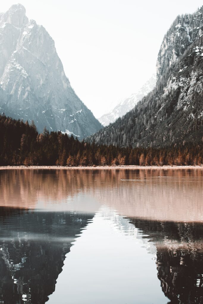 Calm lake reflecting forest and mountains in soft light serene natural landscape wallpaper background