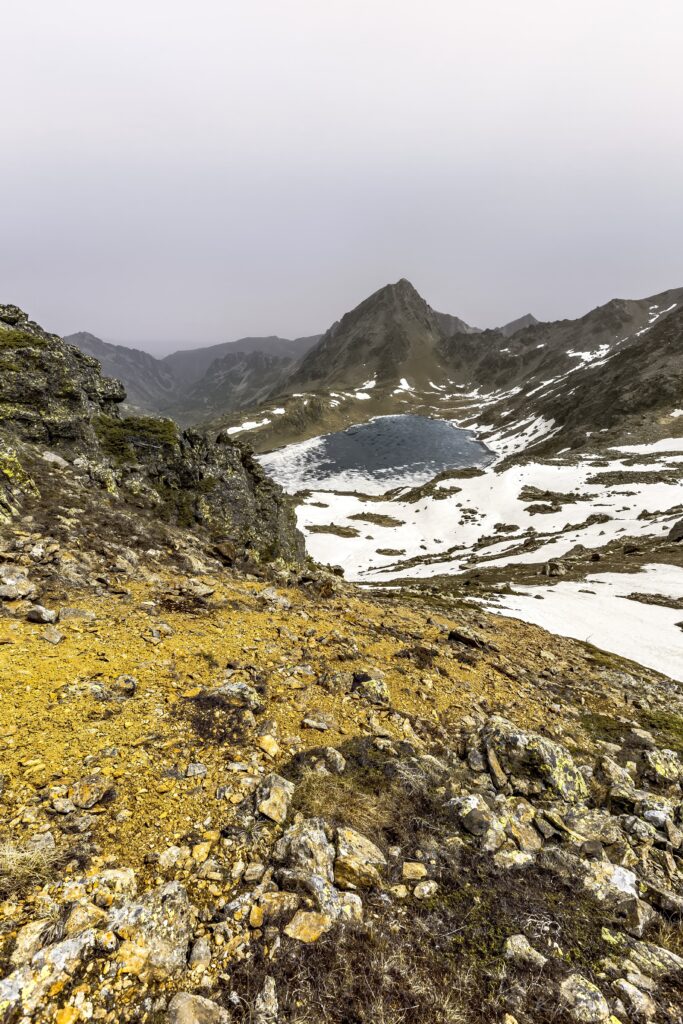 Serene lake surrounded by rugged snow-capped mountains with earthy tones and misty sky wallpaper