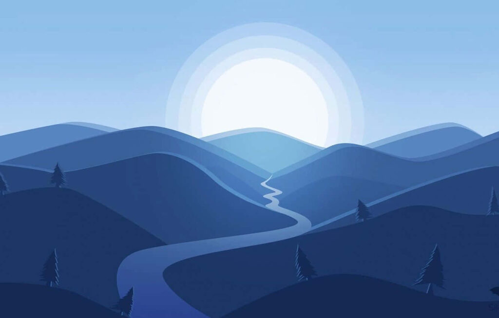 Tranquil Blue Mountain Wallpaper with Winding River & Rising Sun