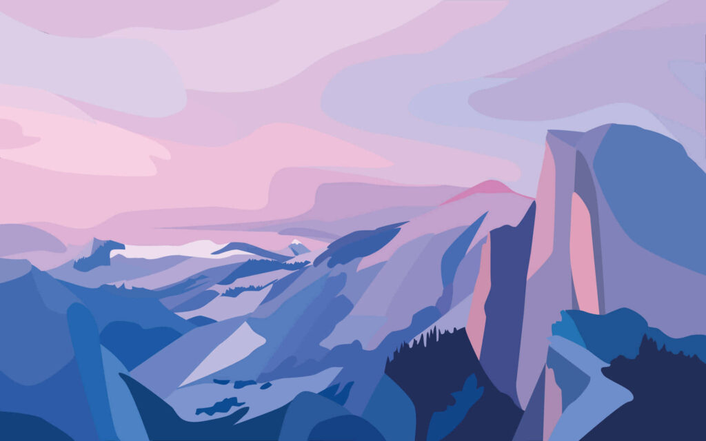 Serene Mountain Landscape Wallpaper in Soft Pink and Blue Hues