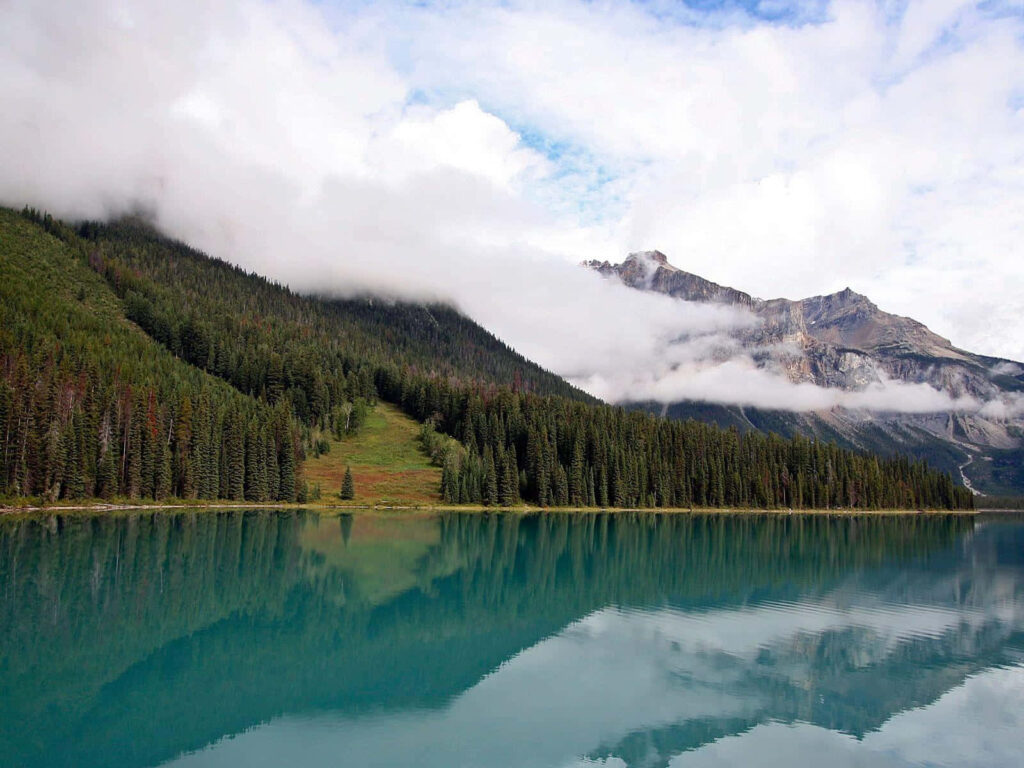 Tranquil Mountain Landscape Wallpaper: Lush Forests & Clear Lake