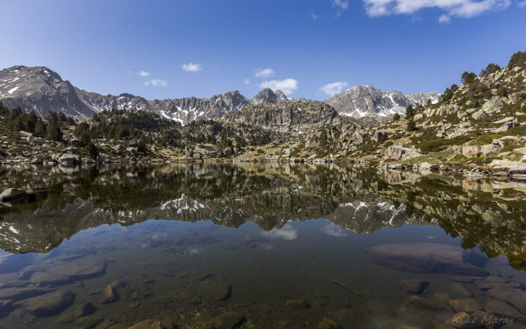 Rugged mountains pine trees reflected in calm lake under clear blue sky serene nature wallpaper