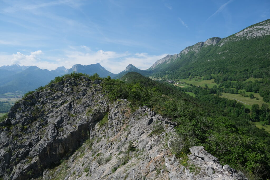 Mountain landscape wallpaper with rocky terrain lush grass scattered trees under clear blue sky