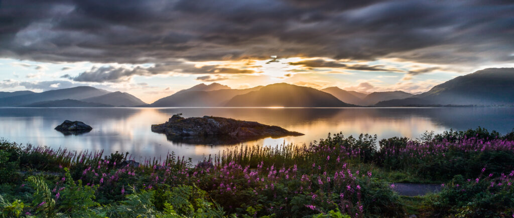 Serene mountain landscape with calm sea reflection vibrant wildflowers and dramatic sunset sky Wallpaper