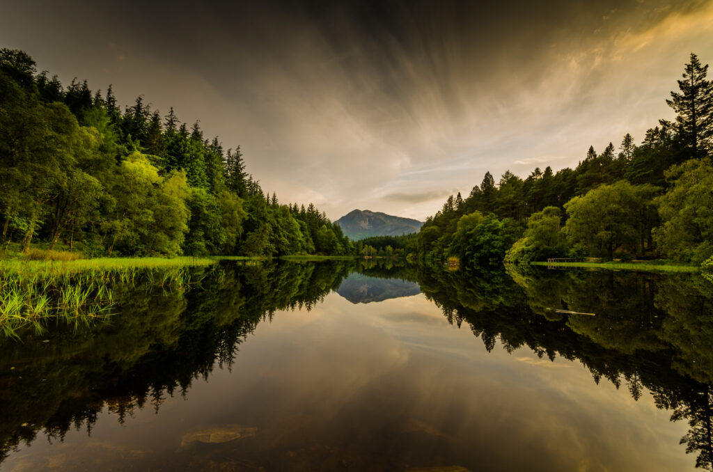 Tranquil wallpaper of calm water reflecting lush trees and mountains under golden sky
