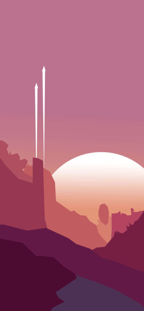 Serene Mountain Silhouette Wallpaper with Dynamic Arrows at Sunset