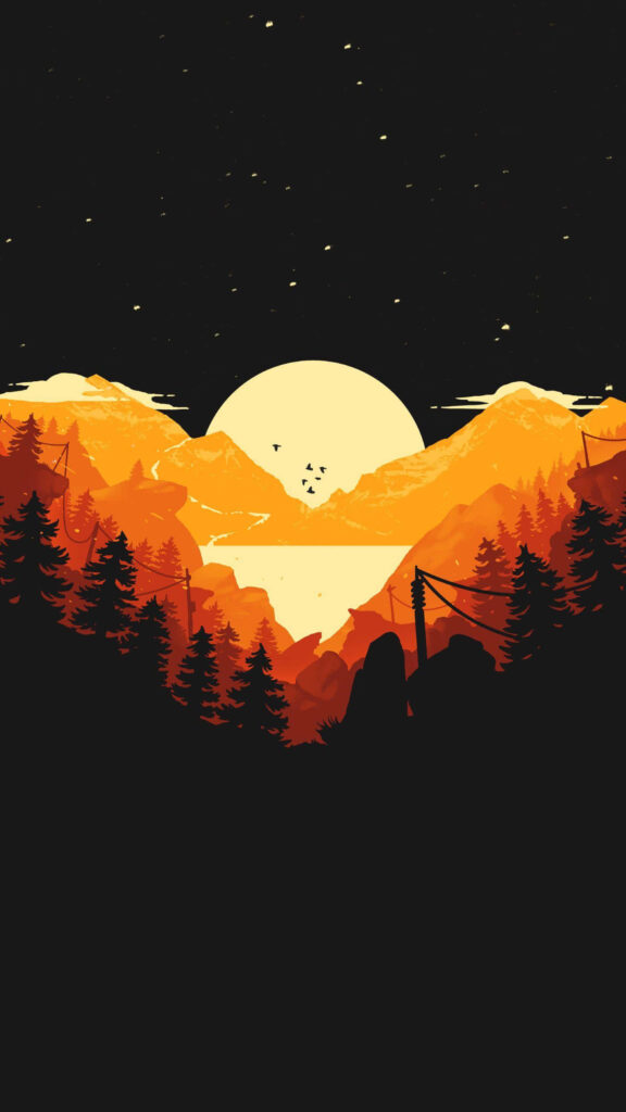 Serene Minimalist Mountain Wallpaper with Sunset Hues & Silhouettes