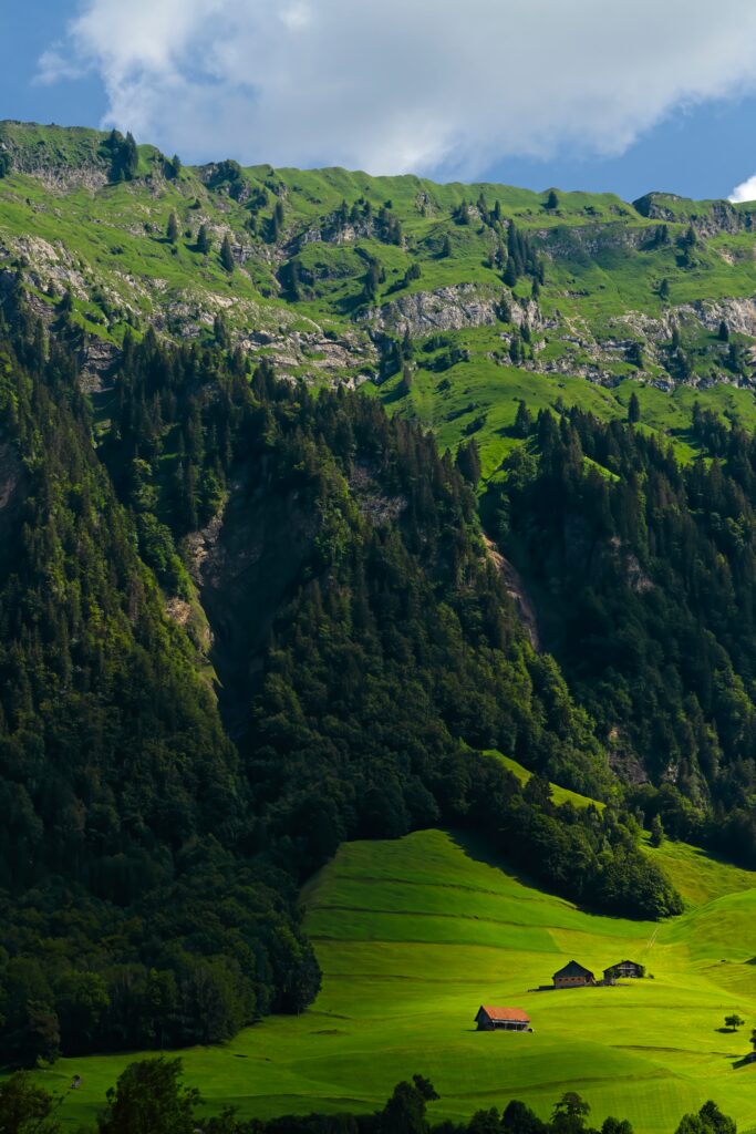 Serene mountain village with quaint buildings lush green fields rocky cliffs bright blue sky wallpaper
