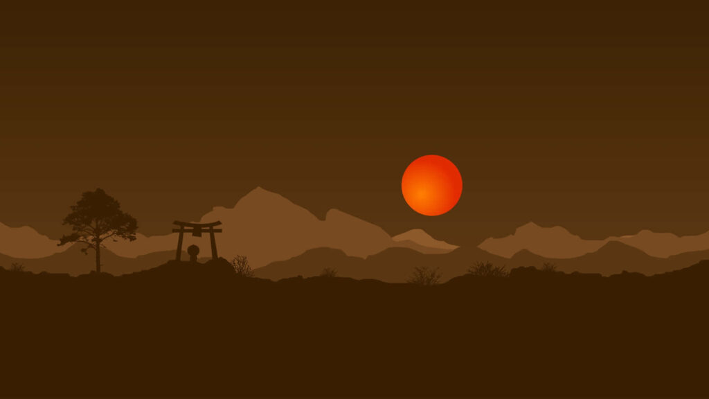 Serene Mountain Sunset Wallpaper with Torii Gate - Tranquil Background