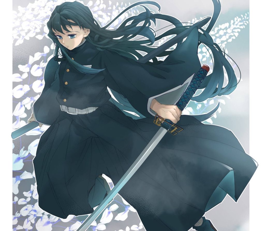 Muichiro Tokito Demon Slayer wallpaper holding Nichirin sword with ethereal floral design