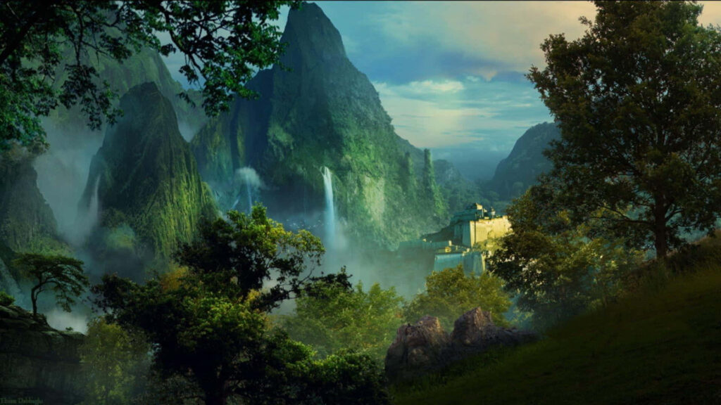 Mystical Forest Pathway: Serene Landscape with Waterfalls & Mountains Wallpaper