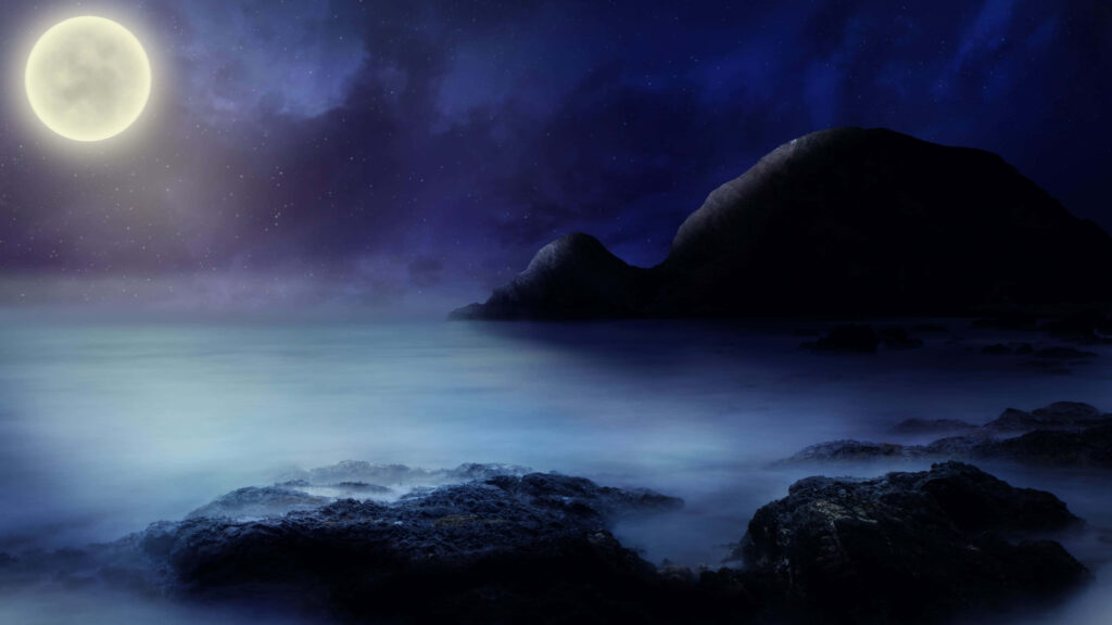 Mystical Landscape Wallpaper: Glowing Full Moon Over Tranquil Ocean