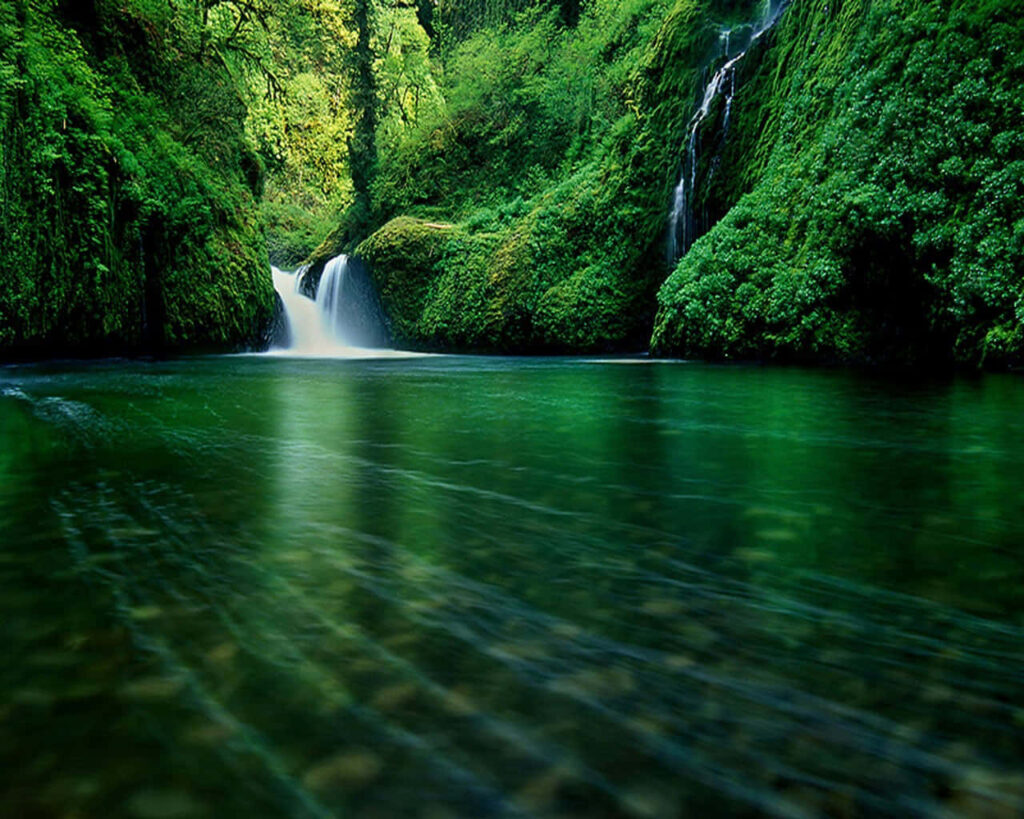 Breathtaking Wallpaper: Serene Waterfalls & Lush Green Landscape