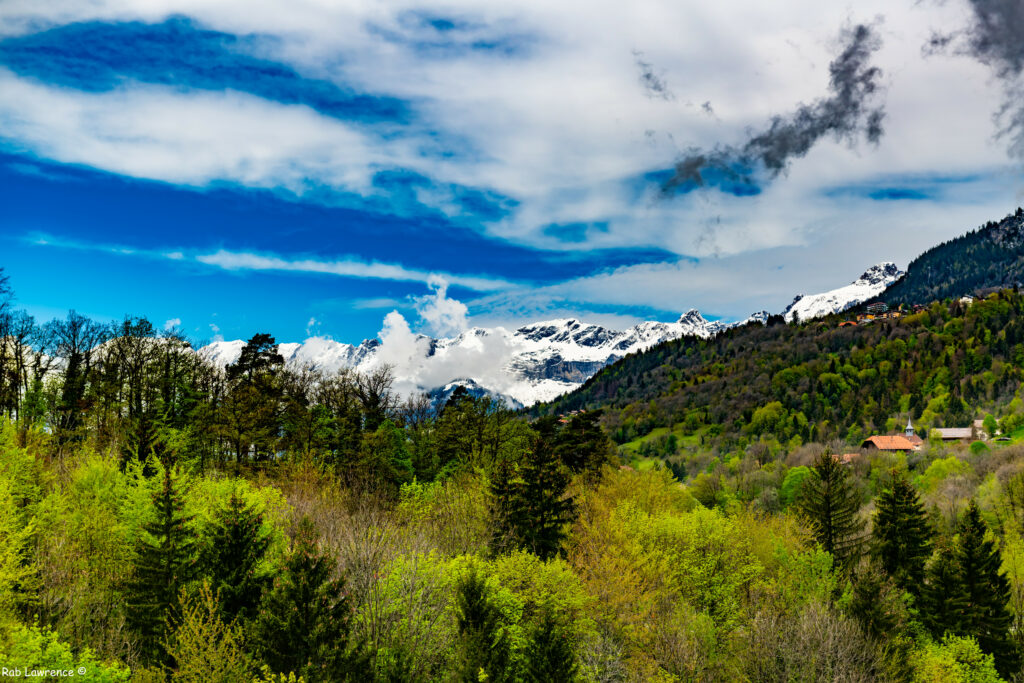 Vibrant landscape wallpaper with green trees rolling hills snow-capped mountains and blue sky