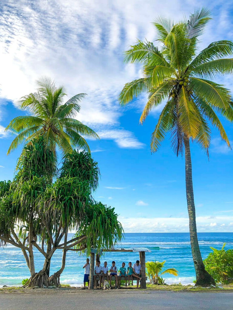 Serene Nauru beach with rustic wooden shed palm trees blue sky ocean tropical island paradise wallpaper
