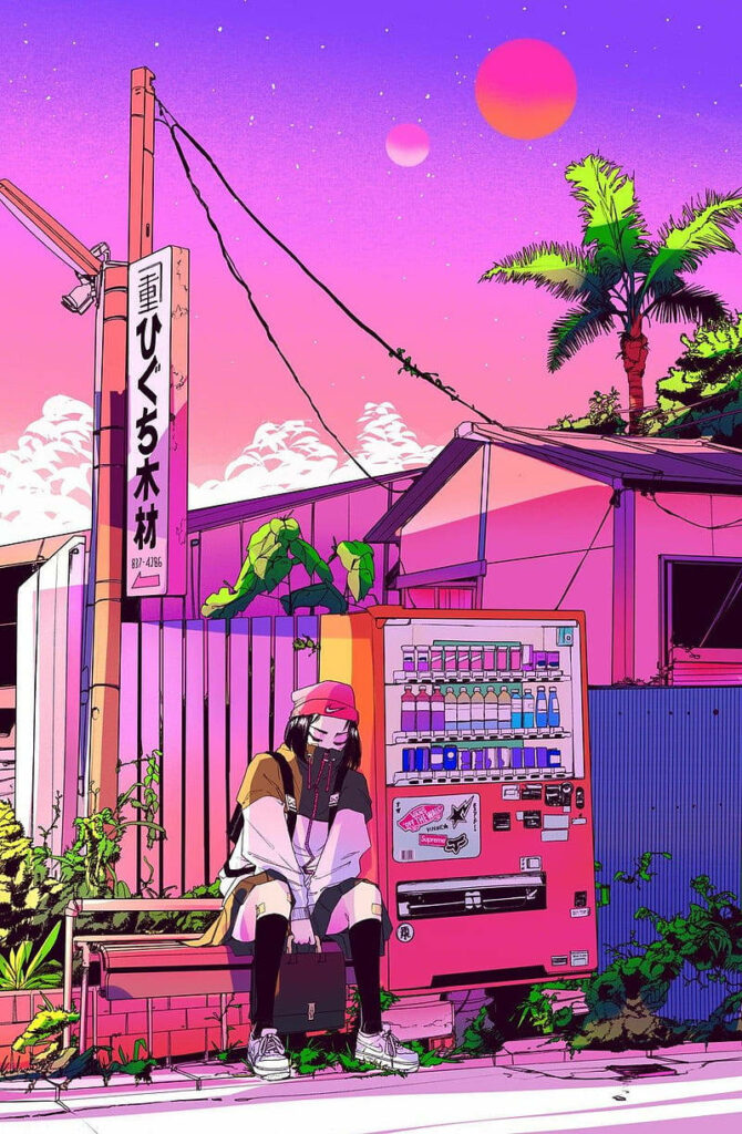 Serene Neon Wallpaper: Man by Vending Machine in Tropical Scene