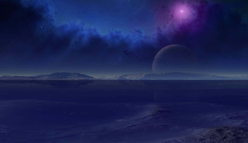 Serene Neptune Landscape: Starry Sky & Celestial Glow Wallpaper