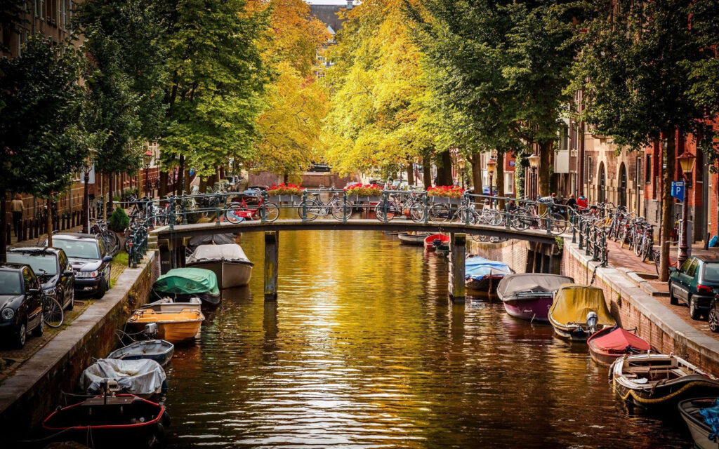 Serene Canal Wallpaper: Dutch Beauty with Boats & Lush Greenery