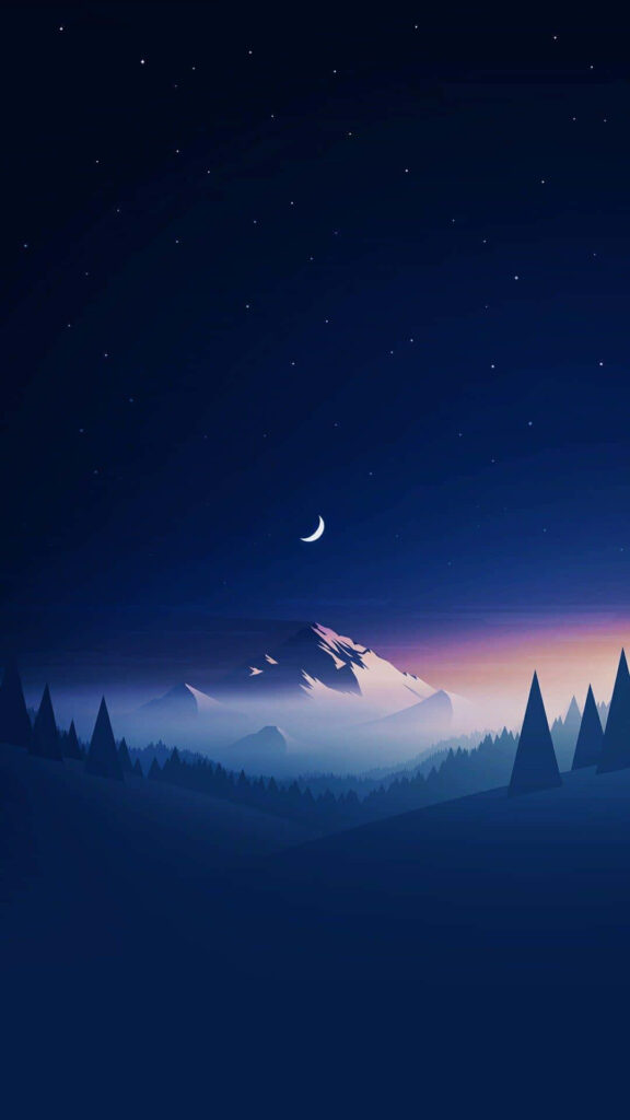 Serene Night Landscape Wallpaper: Crescent Moon & Starry Sky Background