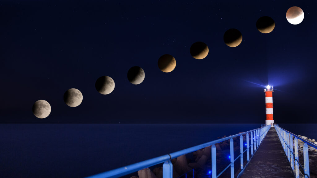 Night lighthouse on pier with lunar eclipse phases over calm ocean serene coastal wallpaper