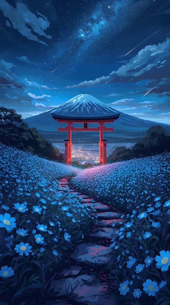 Stone path through blue flowers to red Torii gate with Mount Fuji under starry night sky wallpaper