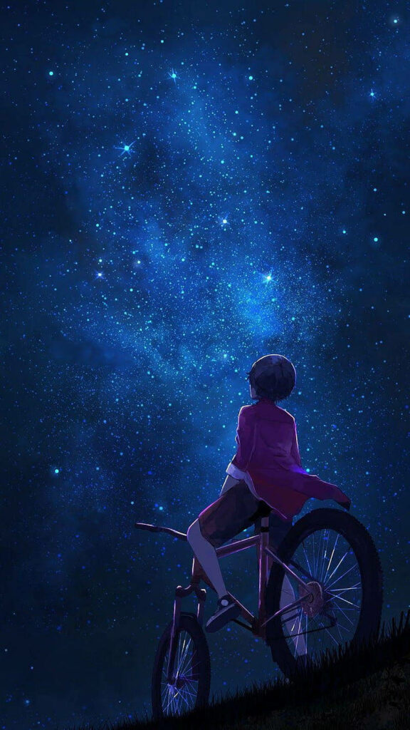 Stargazing on Wheels: A Mesmerizing Background Illustrates a Lone Cyclist Admiring the Enchanting Night Sky Wallpaper