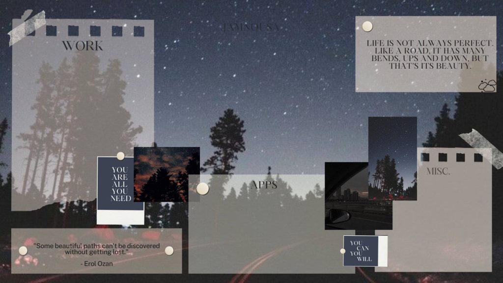 Dark desktop organizer wallpaper with night road, trees, and labeled work apps sections