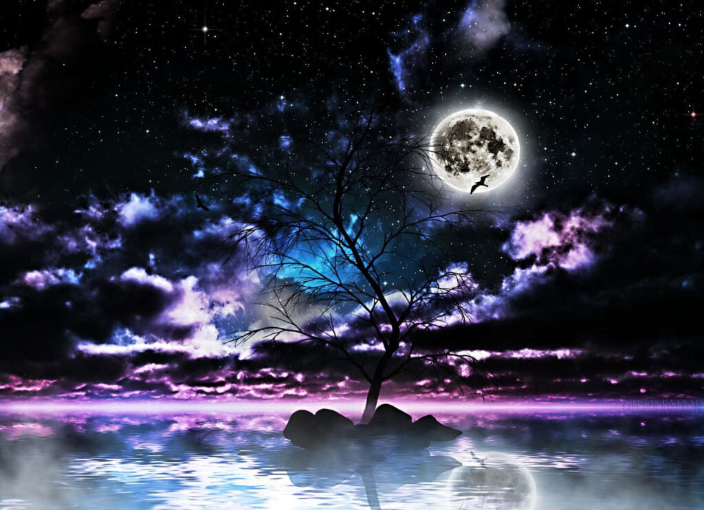 Serene Full Moon & Stars: Tranquil Night Wallpaper Background