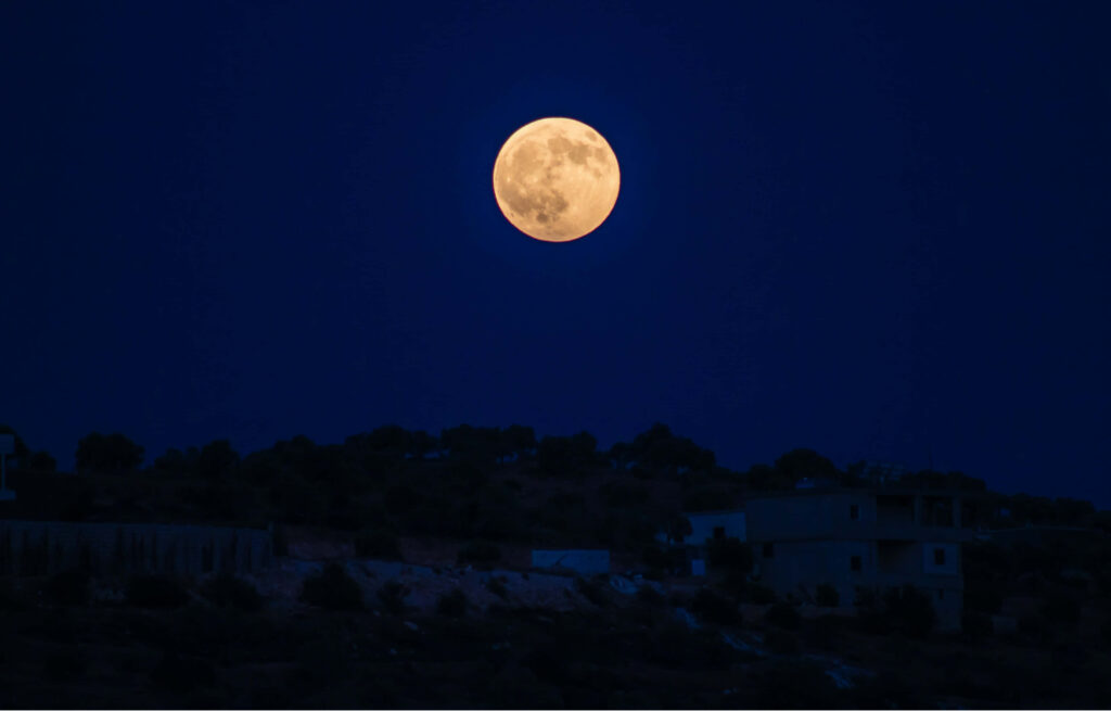 Serene Night Scene: Full Moon Over Hillside - Wallpaper Background