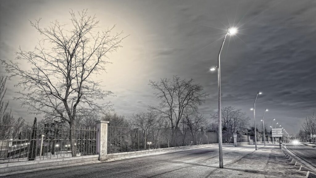 Tranquil Night Scene: Serene Street Wallpaper with Reflective Pavement