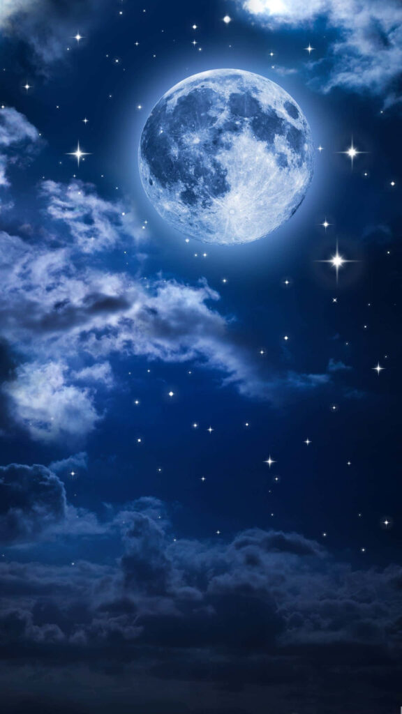 Serene Night Sky Wallpaper: Luminous Moon & Stars for Peaceful Vibes