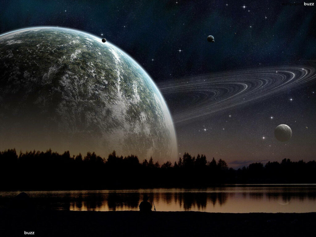 Tranquil Night Sky Wallpaper: Saturn, Rings & Serene Lake View