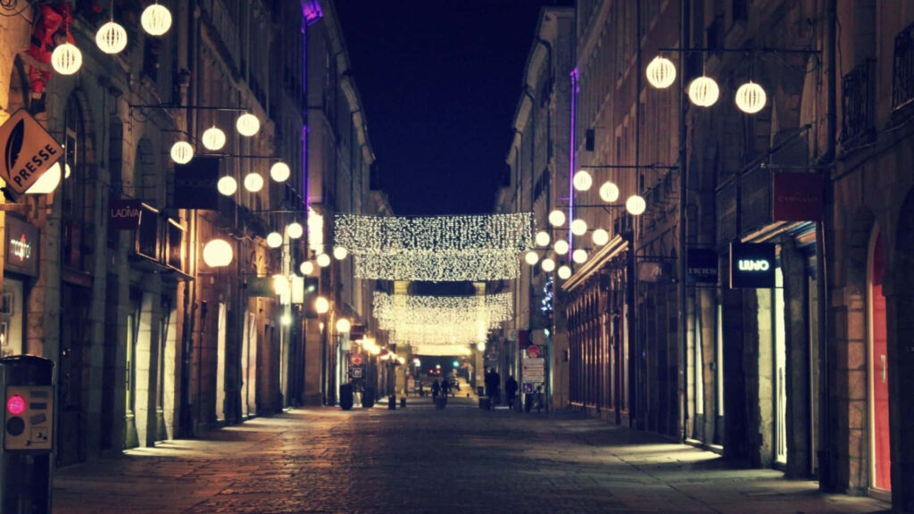 Serene Night Street with String Lights & Lanterns - Wallpaper Background