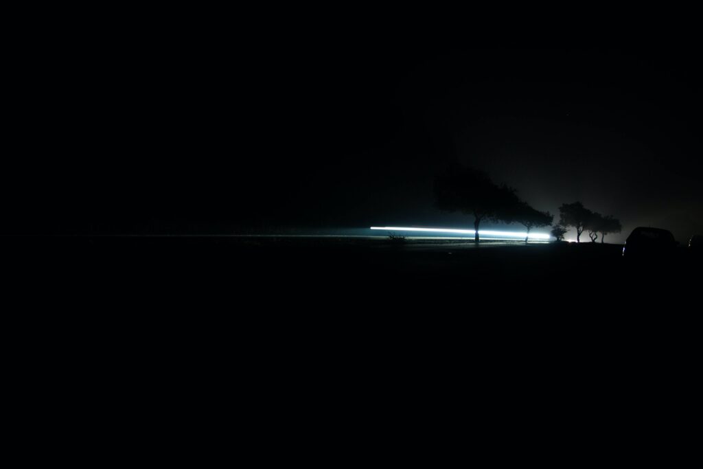 Serene Night Scene Wallpaper: Neon Light Trail & Tree Silhouettes