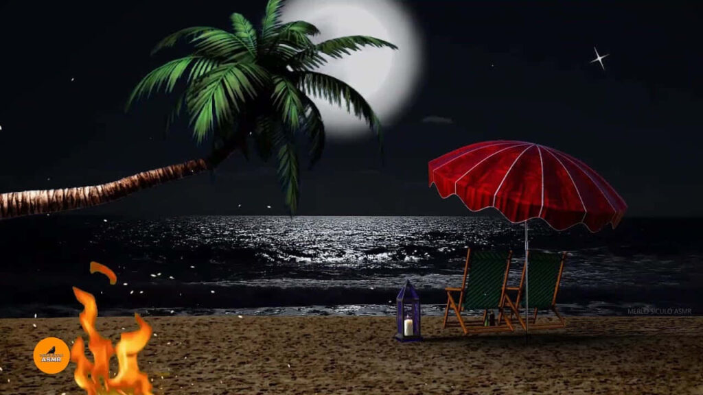 Serene Night Beach Scene: Moonlit Ocean & Cozy Chairs Wallpaper
