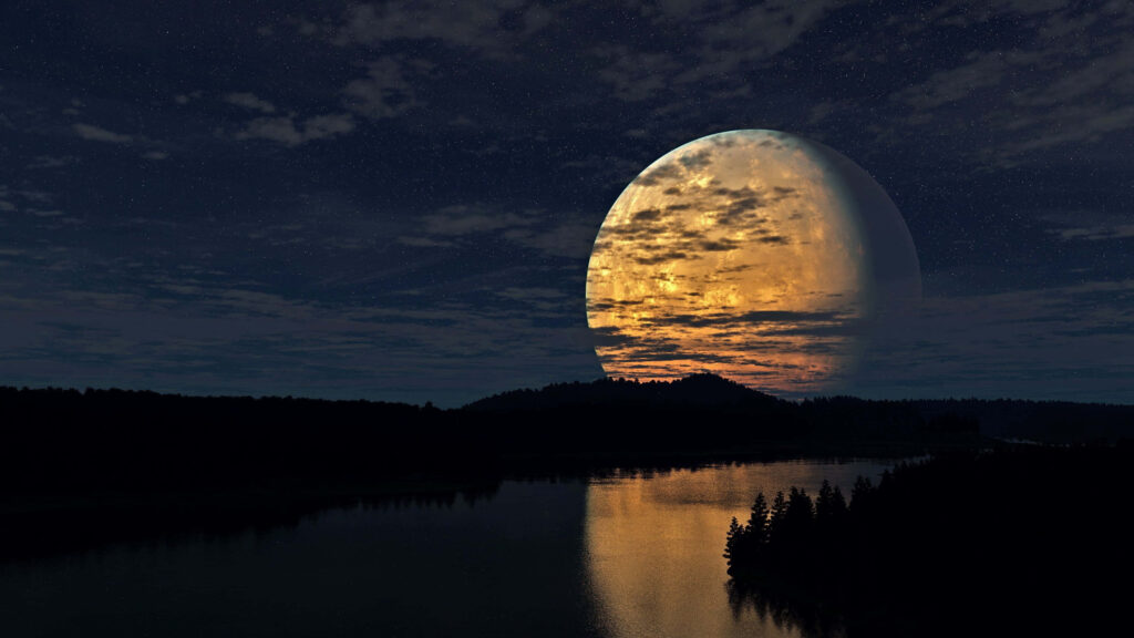 Serene Nighttime Landscape Wallpaper with Yellow Moon and Lake Reflections