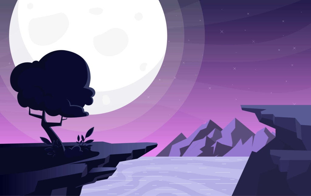 Vibrant Nighttime Landscape Wallpaper with Glowing Moon and Mountains