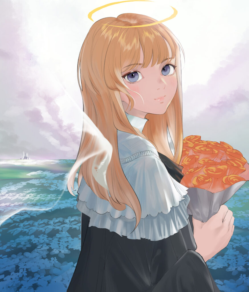 Serene Anime Nun Wallpaper with Orange Roses and Pastel Fields