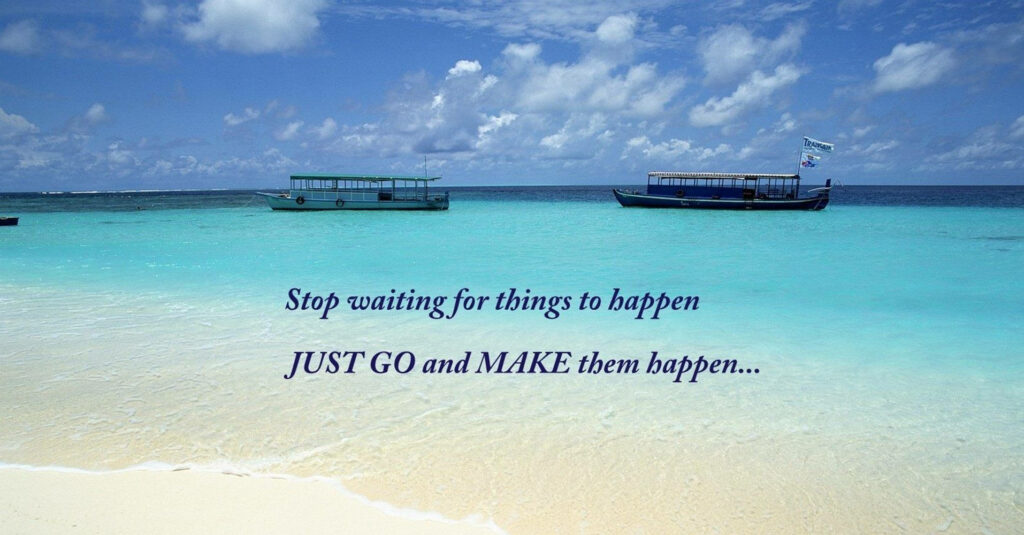 Serene Ocean Scene: Boats on Turquoise Water & Inspiring Quote Wallpaper
